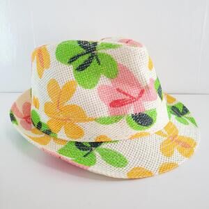 Men’s Floral Straw Fedora Hat Yellow & Green Flowers Large